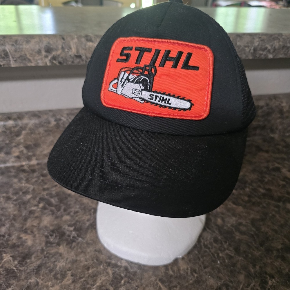 Stihl Trucker Black Foam Fabric & Mesh Back Hat / Cap w/ Chainsaw Logo SnapBack
